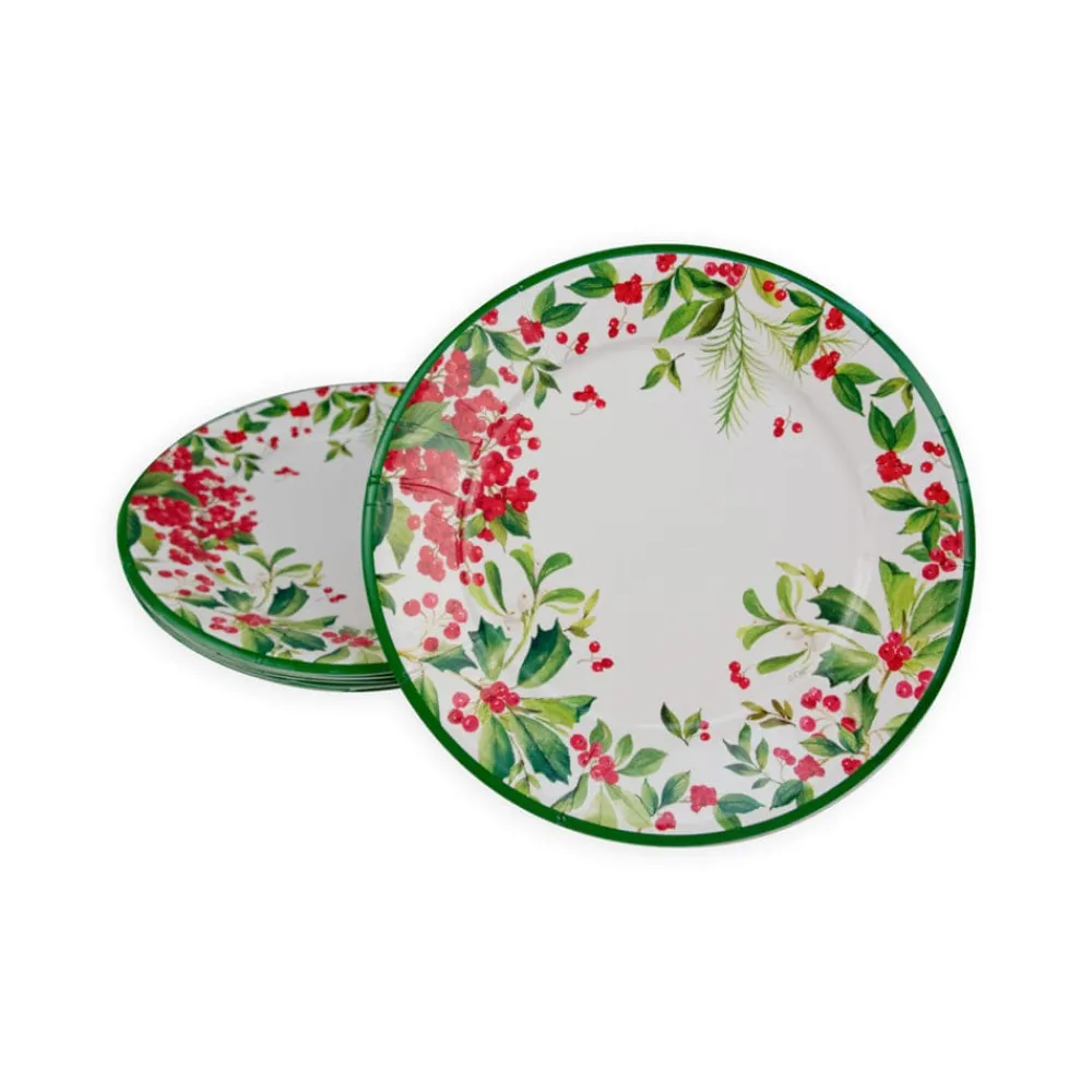 Caspari Christmas Plates|Paper Dinner Plates|Holly Chintz White Dinner Plates - 8 Per Package