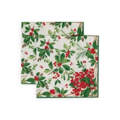 Caspari Christmas Napkins|Paper Luncheon Napkins|Holly Chintz White Luncheon Napkins - 20 Per Package