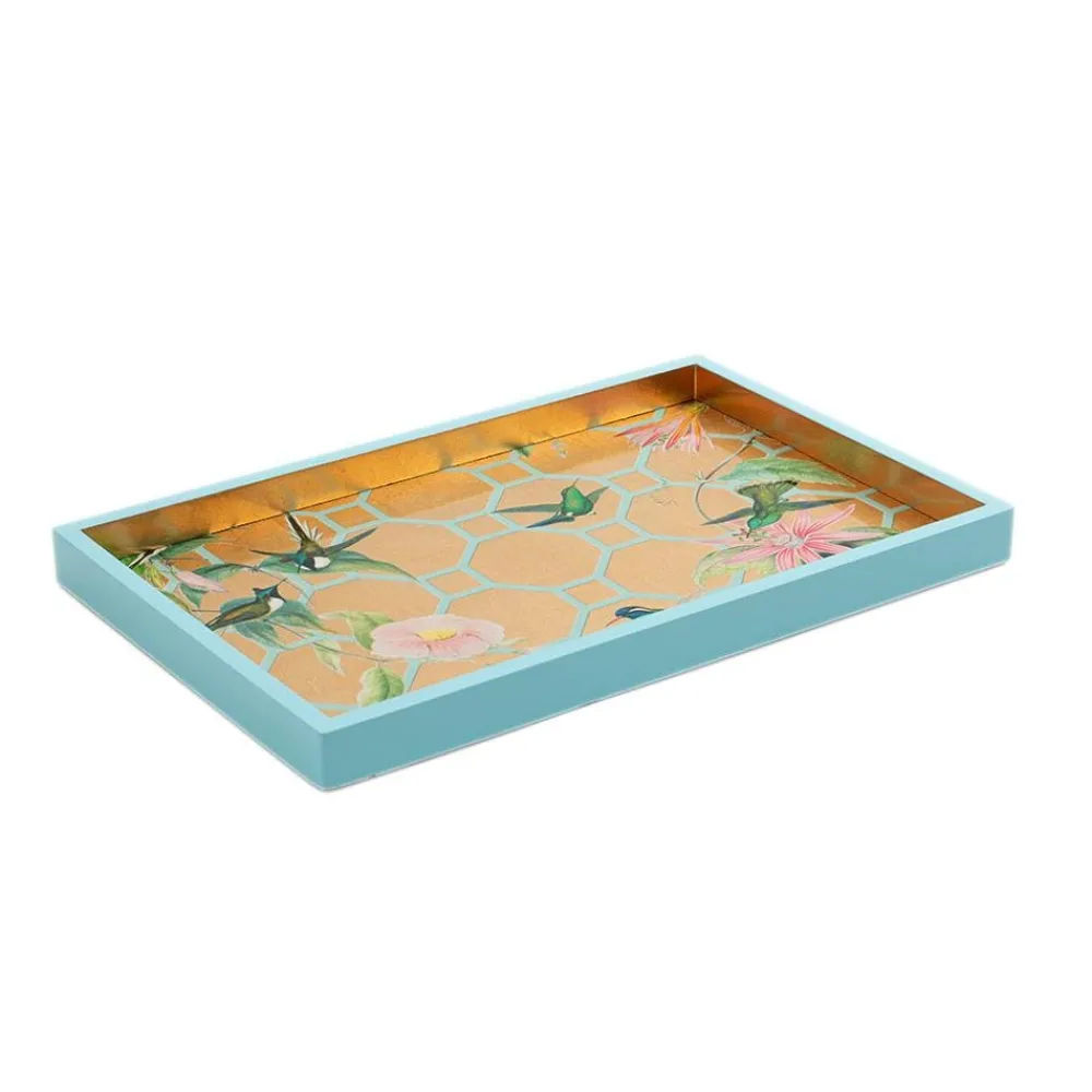 Caspari Lacquerware|Mother'S Day|Hummingbird Trellis Lacquer Vanity Tray in Gold - 1 Each