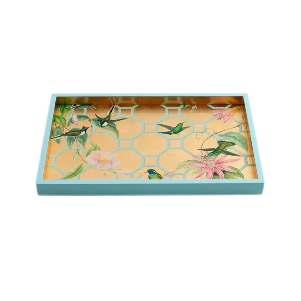 Caspari Lacquerware|Mother'S Day|Hummingbird Trellis Lacquer Vanity Tray in Gold - 1 Each