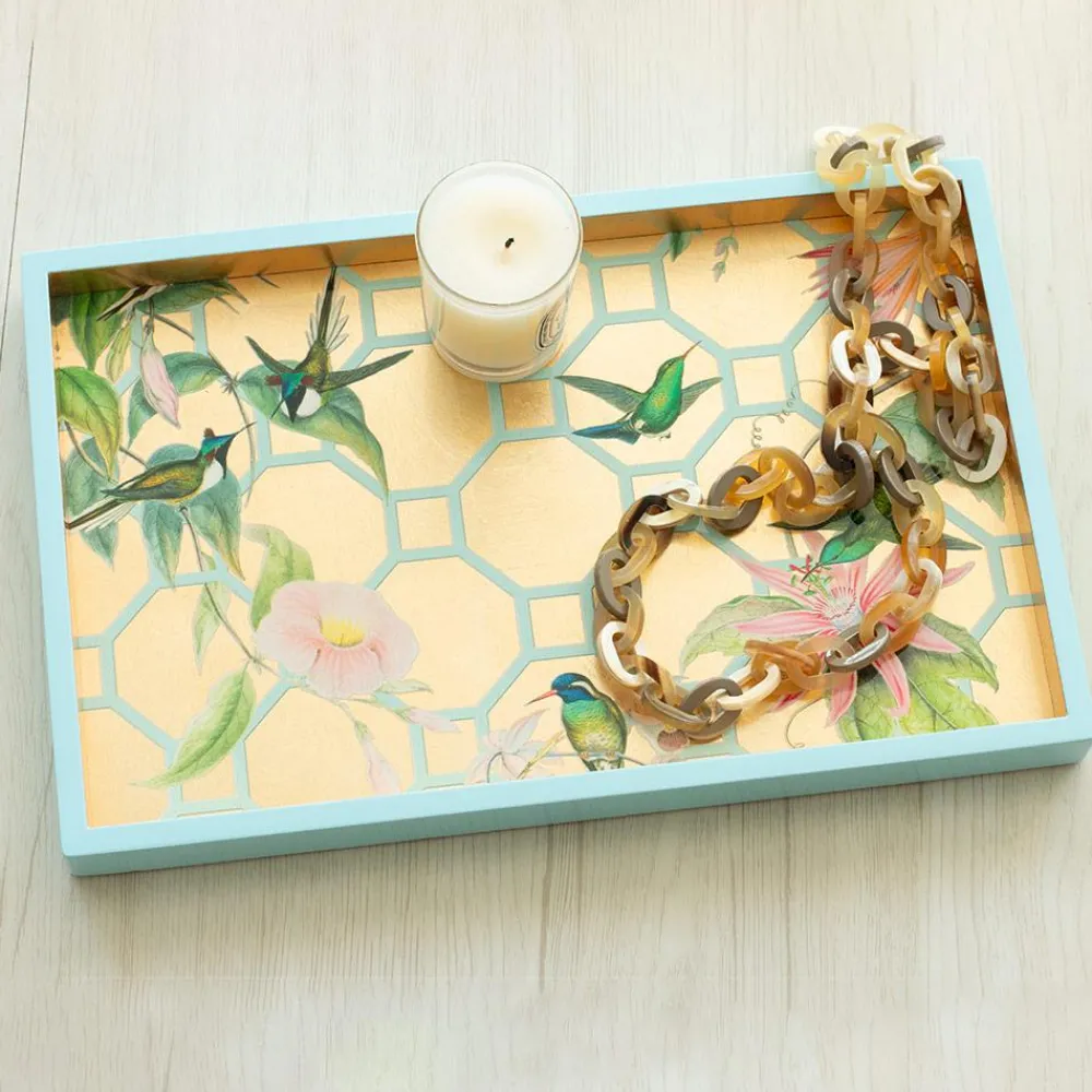 Caspari Lacquerware|Mother'S Day|Hummingbird Trellis Lacquer Vanity Tray in Gold - 1 Each