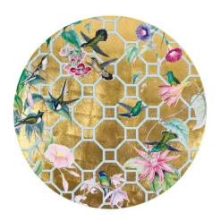 Caspari Lacquerware|Lacquer Trays And Accessories|Hummingbird Trellis Round Lacquer Placemat in Gold - 1 Each