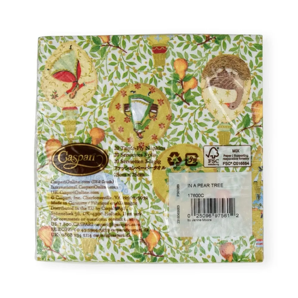 Caspari Christmas Napkins|Paper Cocktail Napkins|In A Pear Tree Cocktail Napkins - 20 Per Package