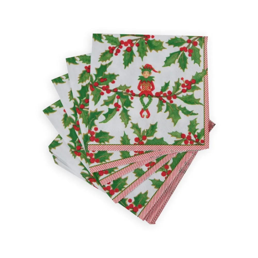 Caspari Christmas Napkins|Paper Cocktail Napkins|Jingle Elves Cocktail Napkins - 20 Per Package