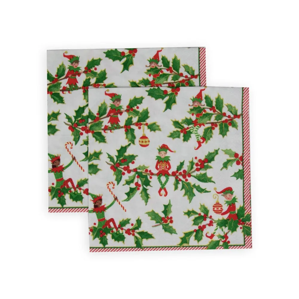 Caspari Christmas Napkins|Paper Luncheon Napkins|Jingle Elves Luncheon Napkins - 20 Per Package