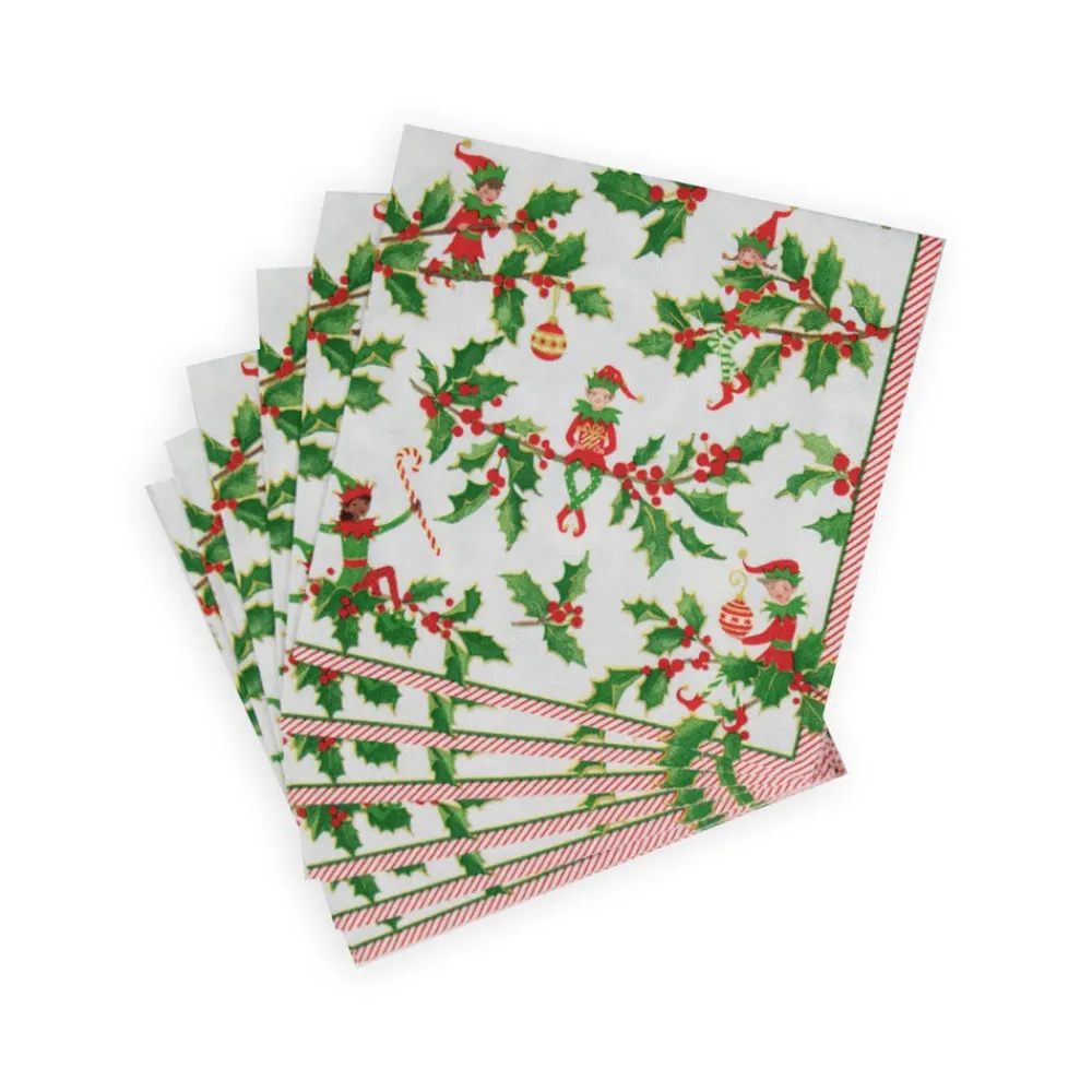 Caspari Christmas Napkins|Paper Luncheon Napkins|Jingle Elves Luncheon Napkins - 20 Per Package