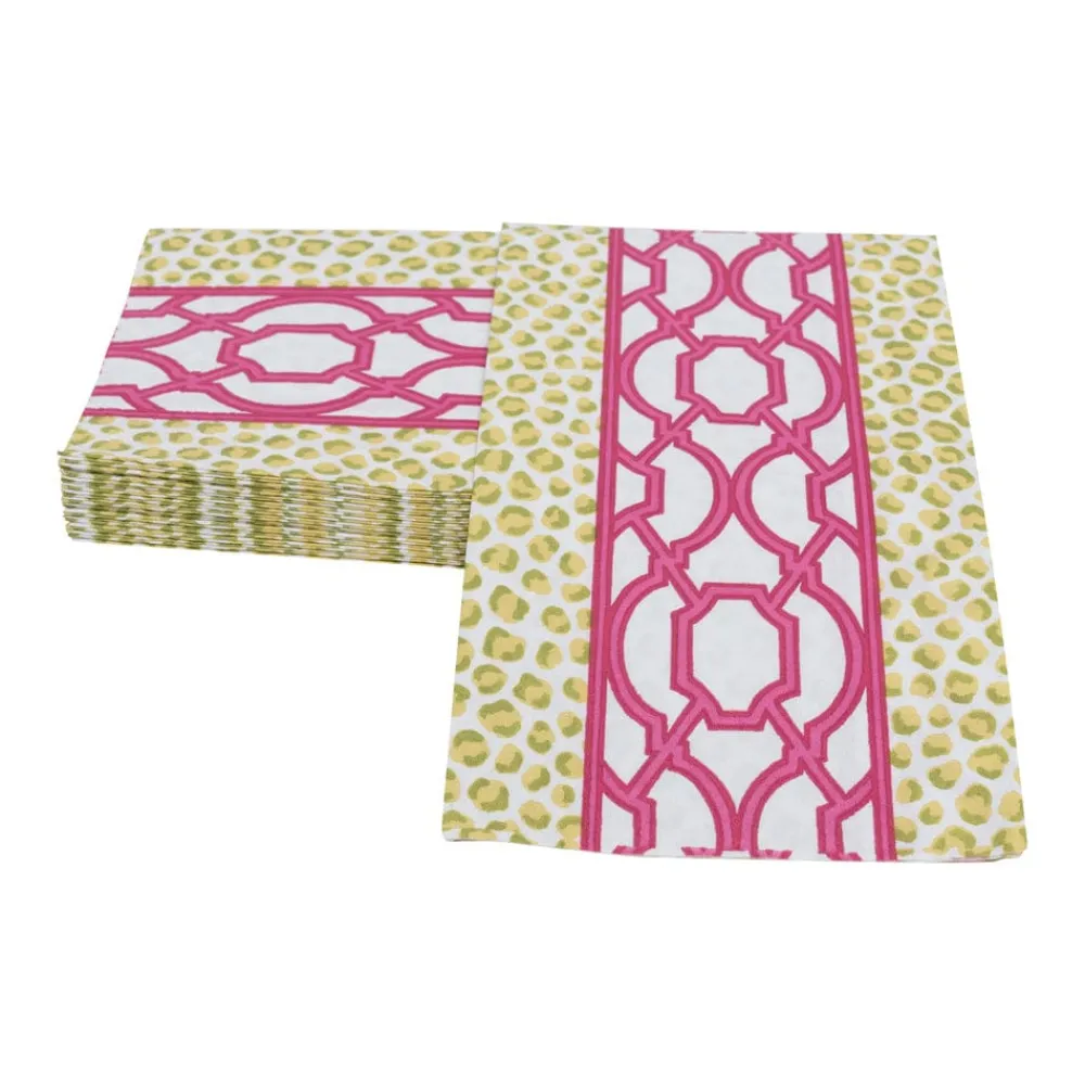 Caspari Paper Guest Towels|Knots And Spots Green & Fuchsia Guest Towel Napkins - 15 Per Package