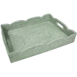 Caspari Summer Picnic|Rattan Trays And Accessories|Large Scalloped Rattan Tray in Green - 19.5"L x 15.75"W x 4"H