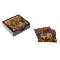 Caspari Lacquerware|Tailgates|Le Jardin De Mysore Set Of 4 Lacquer Coaster - 4" Diameter
