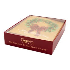 Caspari Christmas And Holiday Cards|Boxed Holiday Cards|Leaf Wreath With Plaid Bow Large Boxed Christmas Cards - includes 15 Boxed Christmas Cards