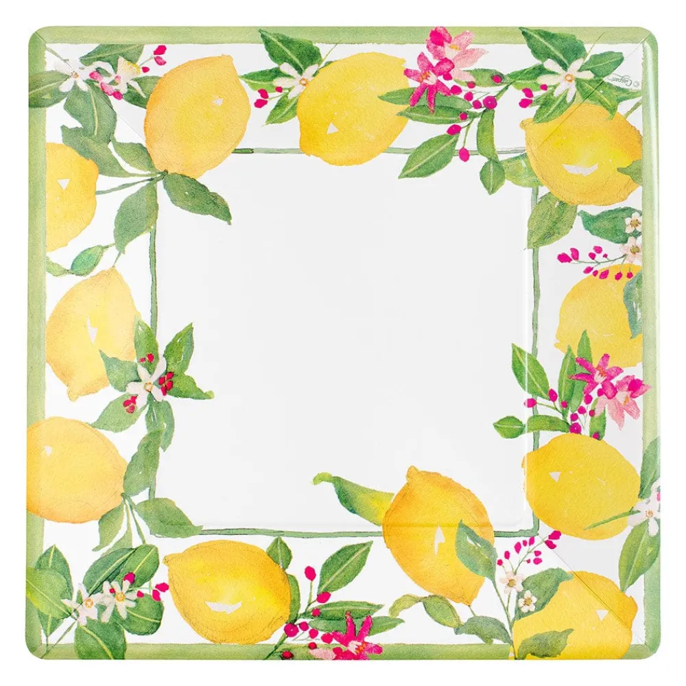Caspari Paper Dinner Plates|Citrus Songbird|Limoncello Square Dinner Plates - 8 Per Package