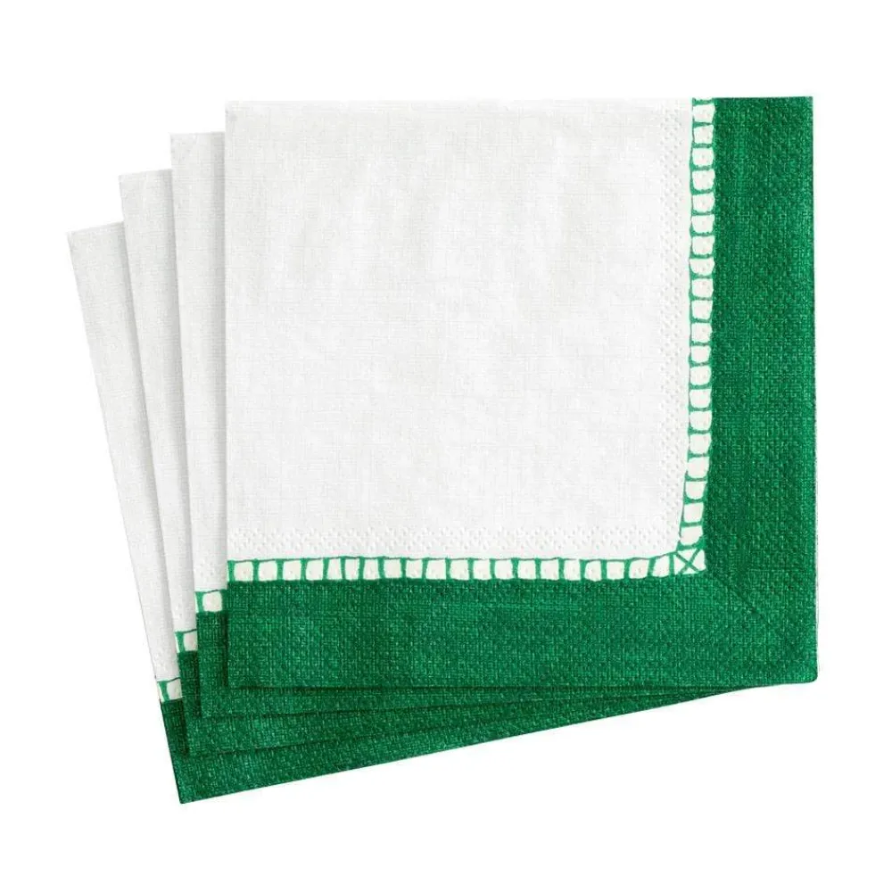 Caspari Christmas Napkins|Tailgates|Linen Border Paper Cocktail Napkins in Emerald - 20 Per Package