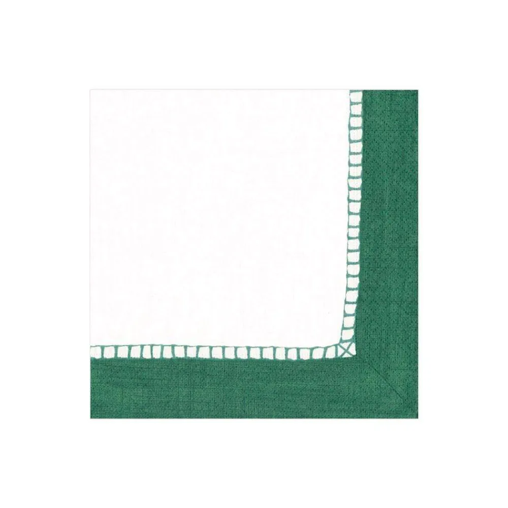 Caspari Christmas Napkins|Tailgates|Linen Border Paper Cocktail Napkins in Emerald - 20 Per Package