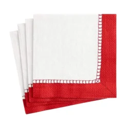 Caspari Christmas Napkins|Tailgates|Linen Border Paper Cocktail Napkins in Red - 20 Per Package