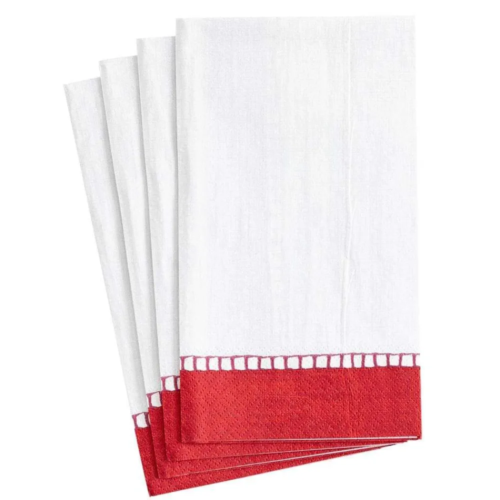 Caspari Christmas Napkins|Tailgates|Linen Border Paper Guest Towel Napkins in Red - 15 Per Package