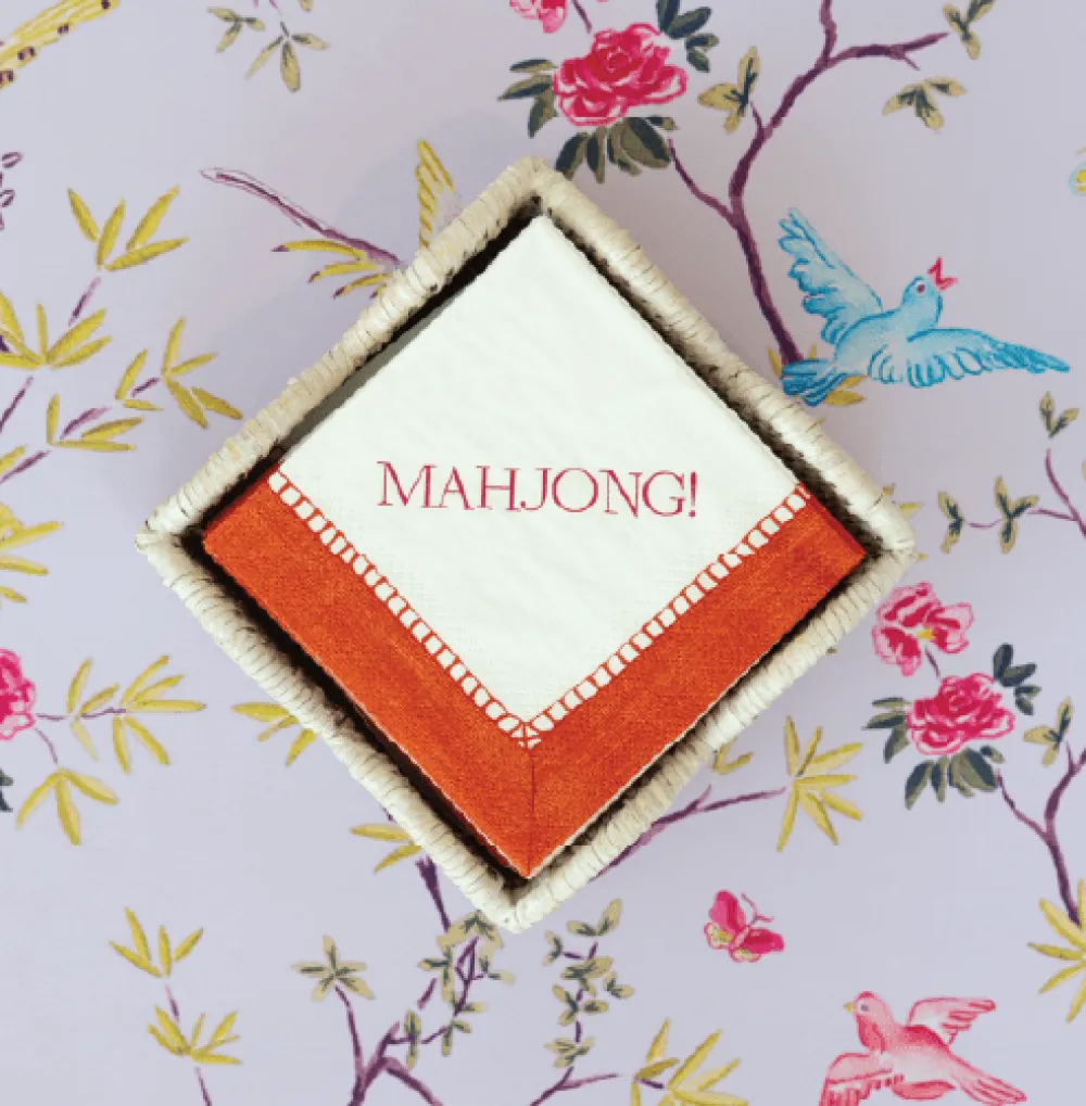 Caspari Paper Cocktail Napkins|Mahjong|Mahjong! Paper Cocktail Napkins - Linen Border in Coral