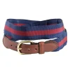 Barrons-Hunter Tailgates|Navy & Burgundy Stripe Grosgrain Belt with Brown Leather