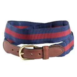 Barrons-Hunter Tailgates|Navy & Burgundy Stripe Grosgrain Belt with Brown Leather