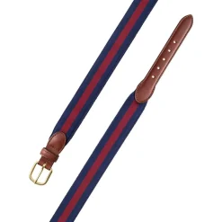Barrons-Hunter Tailgates|Navy & Burgundy Stripe Grosgrain Belt with Brown Leather