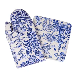 Caspari Kitchen Essentials|Pagoda Toile Blue & White Oven Mitts And Pot Holders Set - 1 Piece Of Each