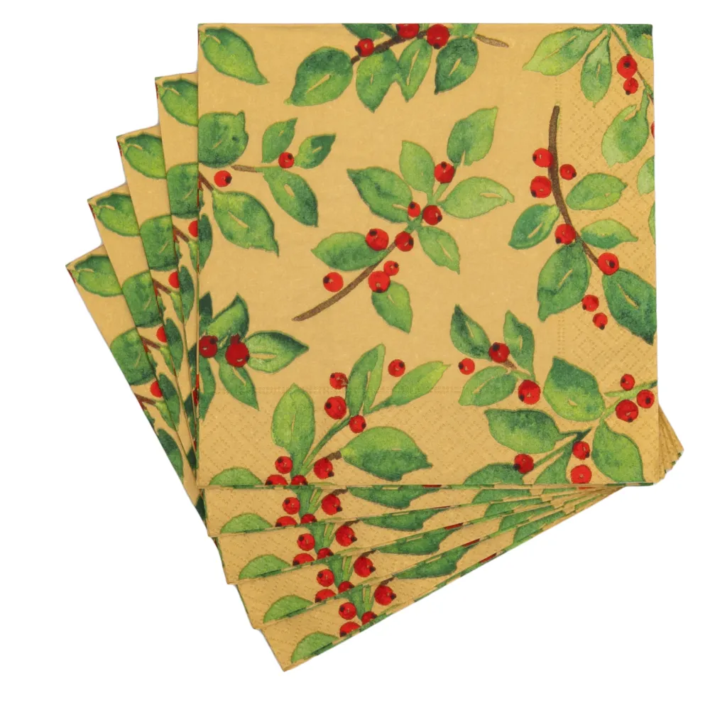 Caspari Paper Luncheon Napkins|Painted Holly Gold Recycled Luncheon Napkins - includes 20 Luncheon Napkins