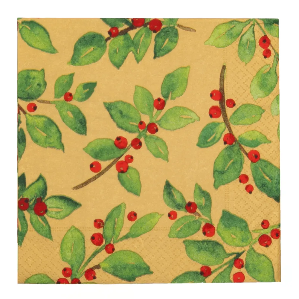 Caspari Paper Luncheon Napkins|Painted Holly Gold Recycled Luncheon Napkins - includes 20 Luncheon Napkins