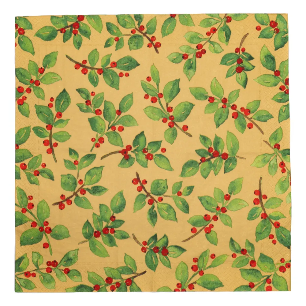 Caspari Paper Luncheon Napkins|Painted Holly Gold Recycled Luncheon Napkins - includes 20 Luncheon Napkins