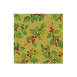 Caspari Paper Cocktail Napkins|Painted Holly Gold Recycled Cocktail Napkins - includes 20 Cocktail Napkins