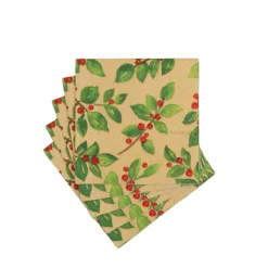 Caspari Paper Cocktail Napkins|Painted Holly Gold Recycled Cocktail Napkins - includes 20 Cocktail Napkins