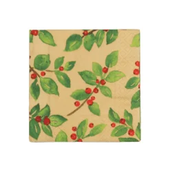 Caspari Paper Cocktail Napkins|Painted Holly Gold Recycled Cocktail Napkins - includes 20 Cocktail Napkins