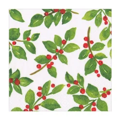 Caspari Paper Luncheon Napkins|Painted Holly White Recycled Luncheon Napkins - includes 20 Luncheon Napkins