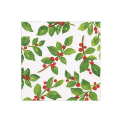 Caspari Paper Cocktail Napkins|Painted Holly White Recycled Cocktail Napkins - includes 20 Cocktail Napkins