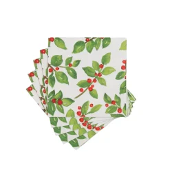 Caspari Paper Cocktail Napkins|Painted Holly White Recycled Cocktail Napkins - includes 20 Cocktail Napkins