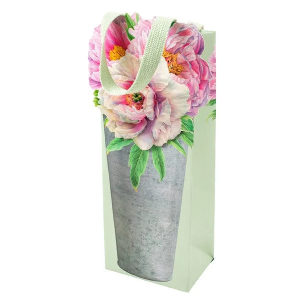 Caspari Gift & Bottle Bags|Peonies in French Flower Bucket Wine & Bottle Gift Bag - 1 Each