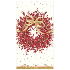 Caspari Christmas Napkins|Lacquer Trays And Accessories|Pepperberry Wreath Guest Towel Napkins & Gold Lacquer Holder Gift Set
