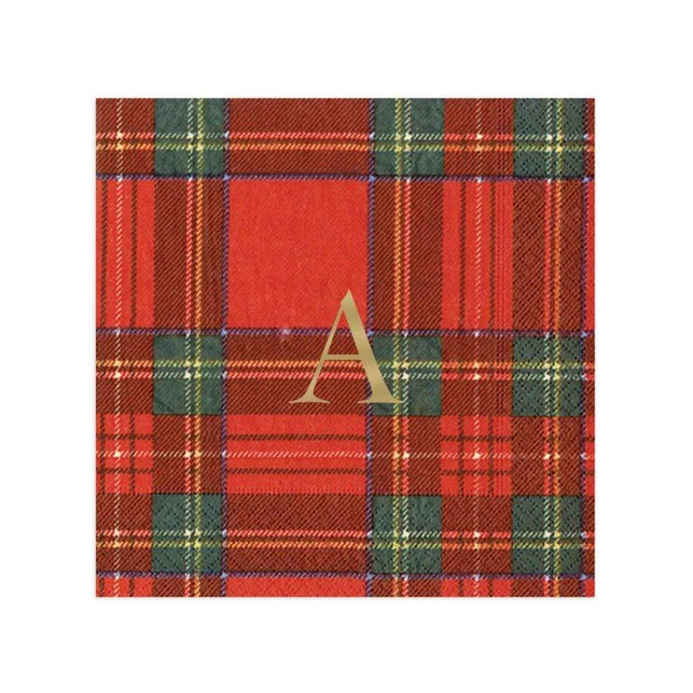 Personalization by Caspari Tailgates|Personalized Holiday Napkins|Personalized Single Initial Royal Plaid Cocktail Napkins