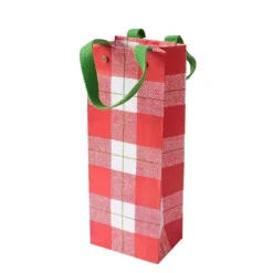 Caspari Christmas Gift & Bottle Bags|Gift & Bottle Bags|Plaid Check Wine & Bottle Gift Bag in Red - 1 Each