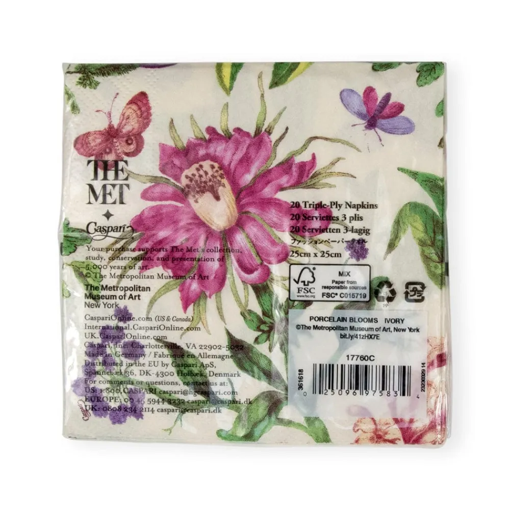 Caspari Bridal Shower|Paper Cocktail Napkins|Porcelain Blooms Ivory Cocktail Napkins - 20 Per Package
