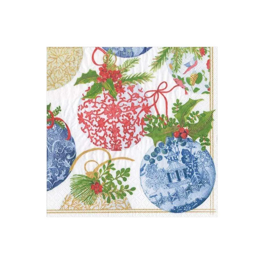 Caspari Christmas Napkins|Paper Cocktail Napkins|Porcelain Ornaments Paper Cocktail Napkins - 20 Per Package