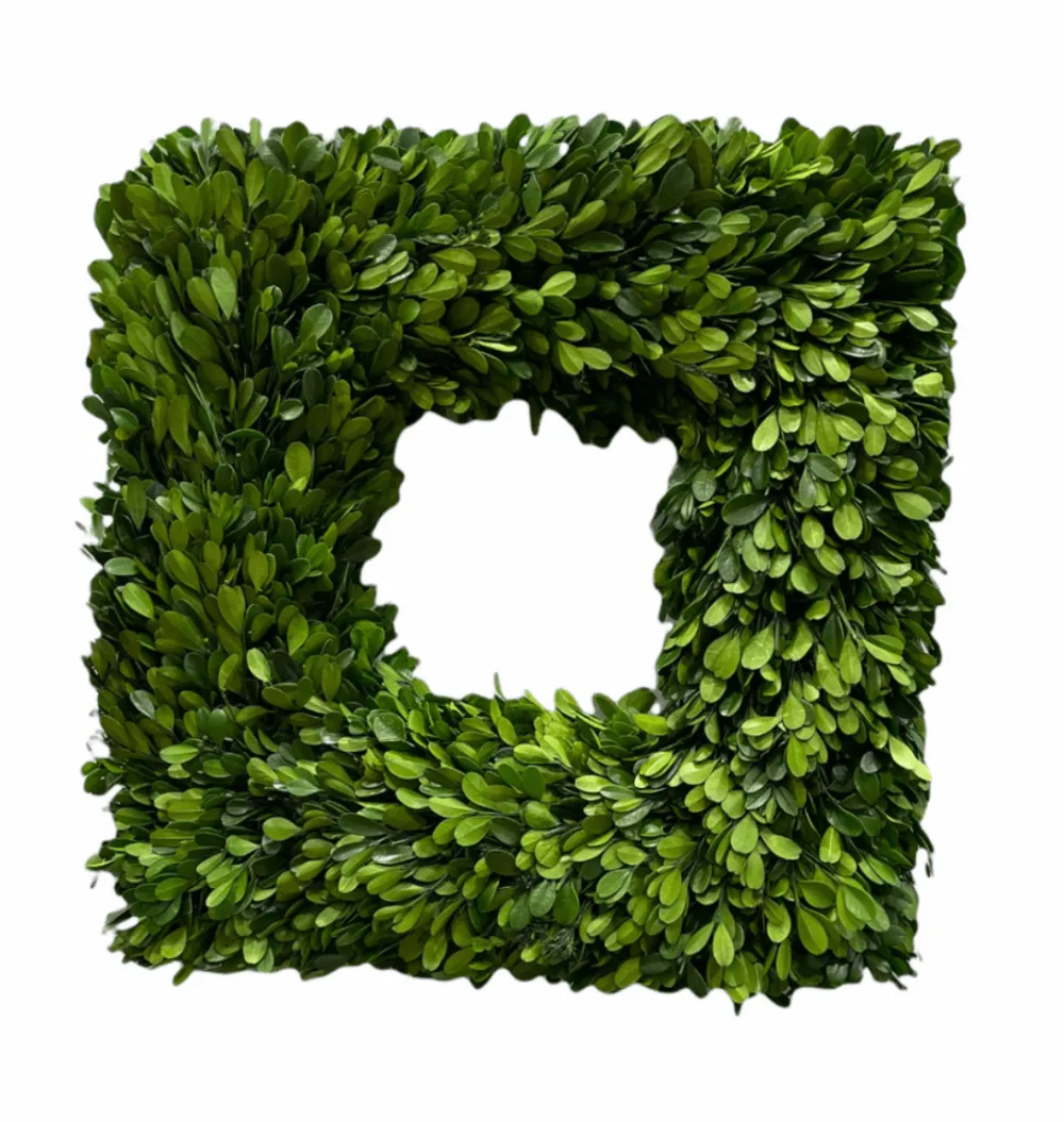 Mills Floral Christmas Decor|The Boxwood Shop|Preserved Boxwood Square Wreath- 16" Single Sided