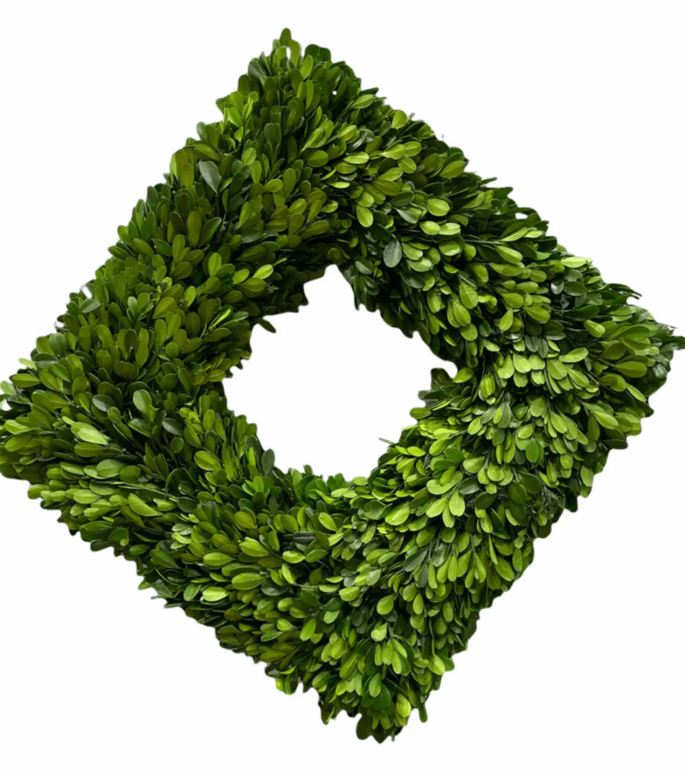 Mills Floral Christmas Decor|The Boxwood Shop|Preserved Boxwood Square Wreath- 16" Single Sided