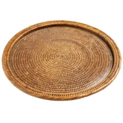 Caspari Tailgates|Cocktail Party|Rattan & Glass Round Serving Platter in Dark Natural - 1 Each
