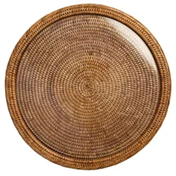 Caspari Tailgates|Cocktail Party|Rattan & Glass Round Serving Platter in Dark Natural - 1 Each