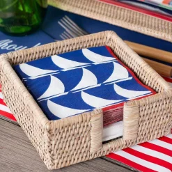 Caspari Tailgates|Summer Picnic|Rattan Cocktail Napkin Holder in White Natural - 1 Each