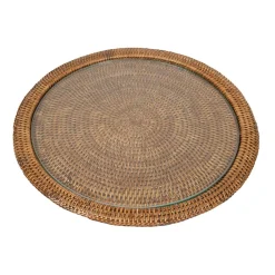 Caspari Rattan Trays And Accessories|Serving Platters & Bowls|Rattan Round Cheese Tray with Glass insert in Natural - 17" Dia. x 1"H