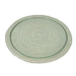 Caspari Rattan Trays And Accessories|Serving Platters & Bowls|Rattan Round Cheese Tray with Glass insert in Green - 17" Dia. x 1"H