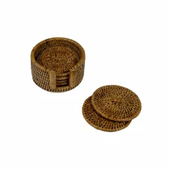 Caspari Tailgates|Cocktail Party|Rattan Round Coaster and Holder Set in Natural - Set of 6 Coasters and 1 Napkin Holder