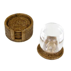 Caspari Tailgates|Cocktail Party|Rattan Round Coaster and Holder Set in Natural - Set of 6 Coasters and 1 Napkin Holder