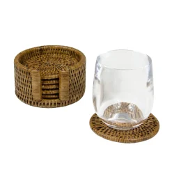 Caspari Tailgates|Cocktail Party|Rattan Round Coaster and Holder Set in Natural - Set of 6 Coasters and 1 Napkin Holder