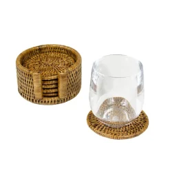 Caspari Tailgates|Cocktail Party|Rattan Round Coaster and Holder Set in Natural - Set of 6 Coasters and 1 Napkin Holder